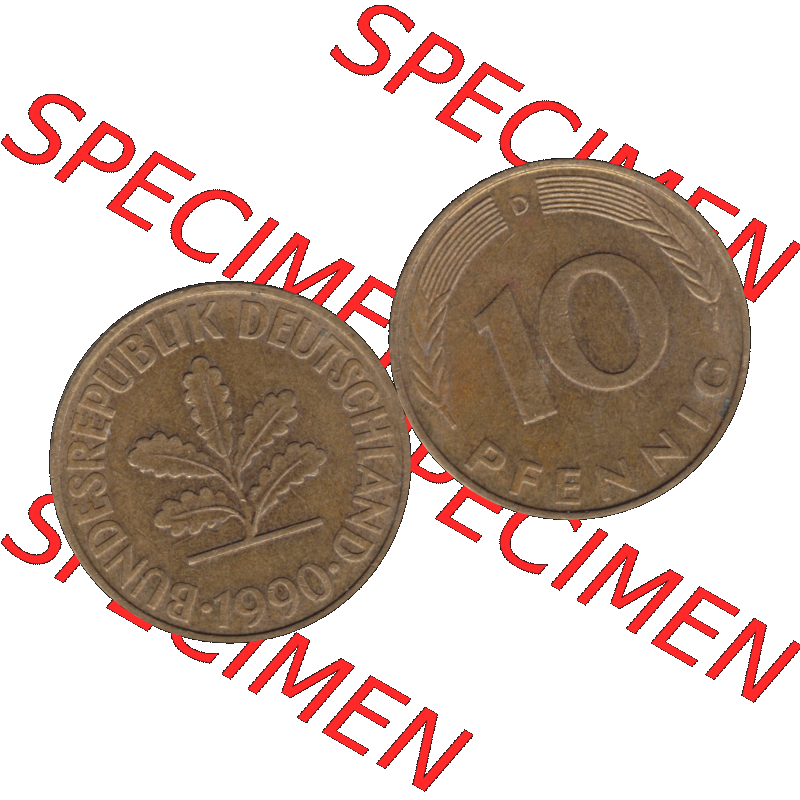 BRD Münzen 10 Pf. Umlaufmünze in PNG 1950-2001, 10 Pfennig 1990 D-01. Vorderseite und Rückseite mit Wert-Zahl auf einen Bild / Foto der digitalisierten 10 Pfennig... Sammlung