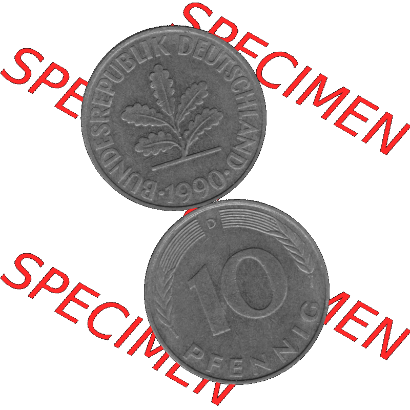 BRD Münzen 10 Pf. Umlaufmünze in PNG 1950-2001, 10 Pfennig 1990 D-01 Graustufen. Graustufen-Bild erstellt aus Farbigen Bild mit Vorderseite und Rückseite auf einen Bild... Sammlung