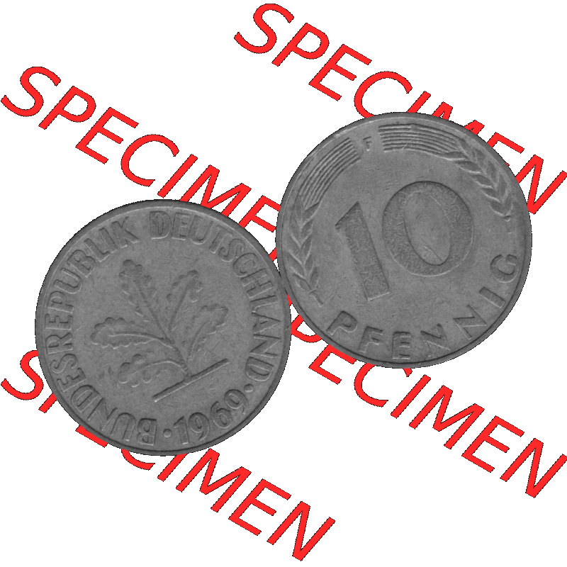 BRD Münzen 10 Pf. Umlaufmünze in PNG 1950-2001, 10 Pfennig 1969 F-01 Graustufen. Graustufen-Bild aus Farbigen Bilder mit Vorderseite und Rückseite mit Wert-Zahl auf einen... Sammlung