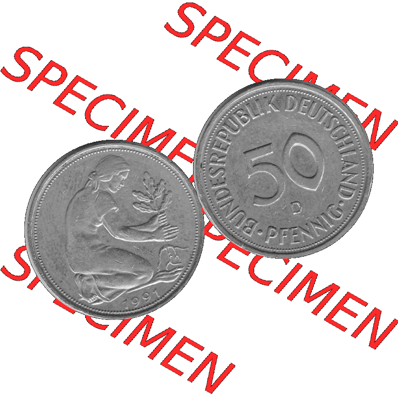 BRD Münzen Deutschland D 50 Pf. Umlaufmünze in Graustufen PNG 1950-2001, 50 Pfennig 1991 Münzzeichen "D" für München - "D"-01 Graustufen.... Sammlung