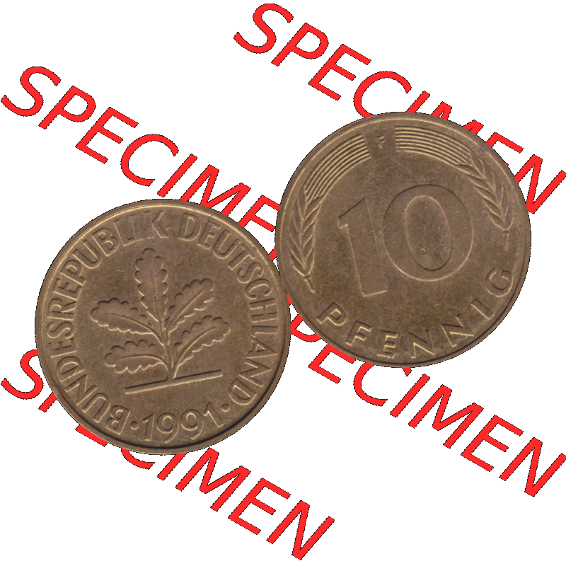 BRD Münzen 10 Pf. Umlaufmünze in PNG 1950-2001, 10 Pfennig 1991 F-01. Vorderseite und Rückseite mit Wert-Zahl auf einen Bild / Foto der digitalisierten 10 Pfennig... Sammlung