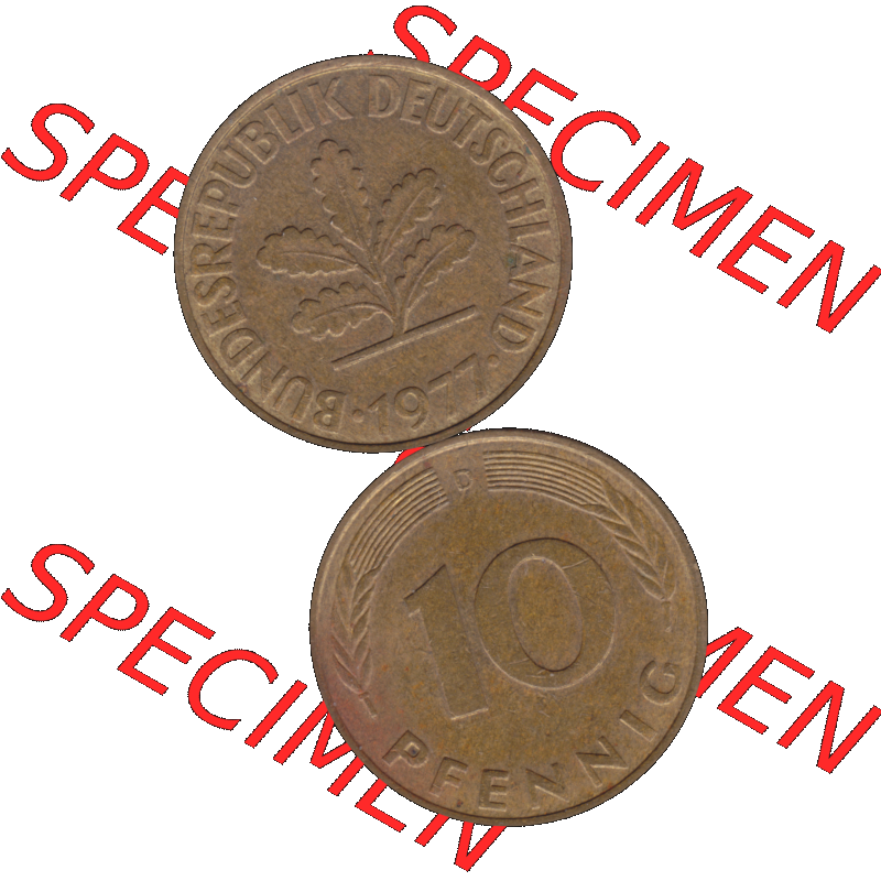BRD Münzen 10 Pf. Umlaufmünze in PNG 1950-2001, 10 Pfennig 1977 D-01. Vorderseite und Rückseite auf einen Bild / Foto vertikal untereinander zusammengefügt,... Sammlung