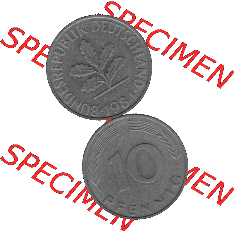 BRD Münzen 10 Pf. Umlaufmünze in PNG 1950-2001, 10 Pfennig 1984 G-01 Graustufen. Graustufen PNG-Bild, erstellt aus farbigen Vorlagen-Bild mit Vorderseite und Rückseite... Sammlung
