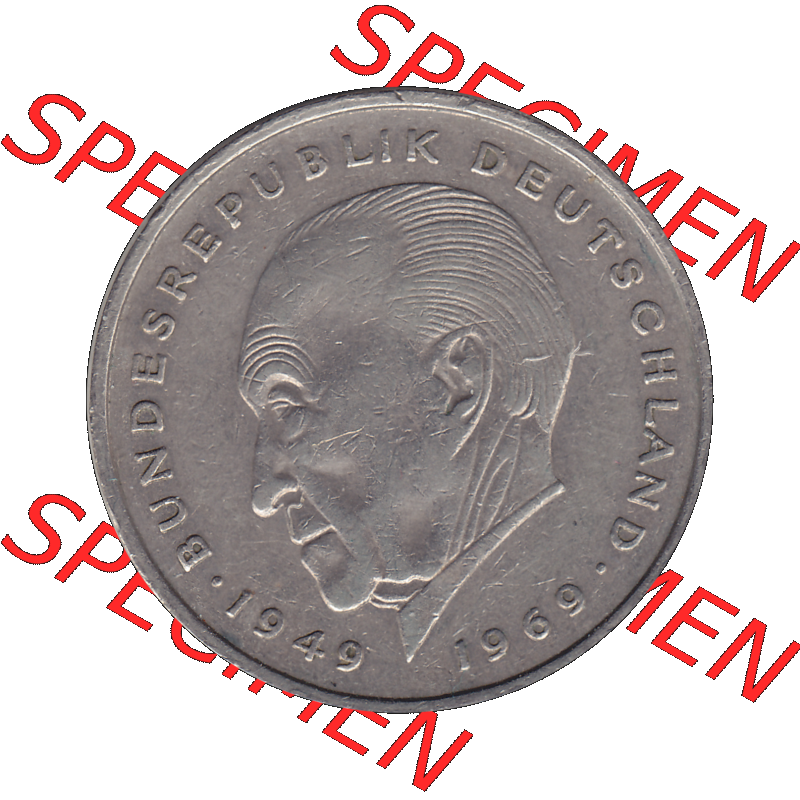 BRD Münzen 2 DM, Gedenkmünze in PNG 1969-1987, 2 DM, Deutsche Mark Konrad Adenauer 1970 Münzzeichen Mzz Stuttgart F-1. Rückseite mit Wert-Zahl von 2 Deutsche... Sammlung
