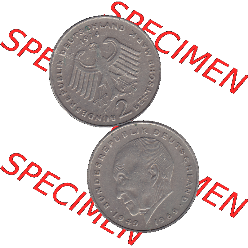 BRD Münzen 2 DM, Gedenkmünze in PNG 1969-1987, 2 DM, Deutsche Mark Konrad Adenauer 1974 Münzzeichen Mzz Stuttgart F-1. Vorderseite und Rückseite mit Deutschen... Sammlung