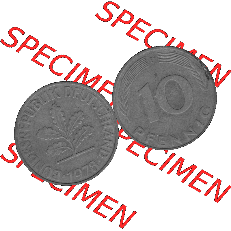 BRD Münzen 10 Pf. Umlaufmünze in PNG 1950-2001, 10 Pfennig 1978 D-01 Graustufen. Graustufen-Bilder der Vorderseite und Rückseite mit Wert-Zahl auf einen Bild / Foto... Sammlung