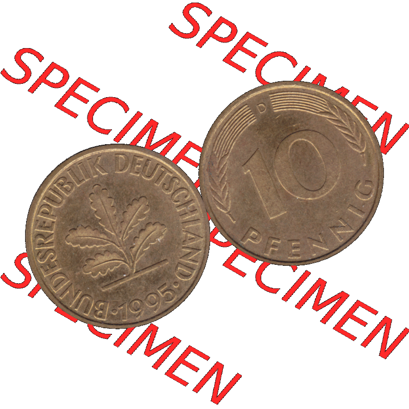 BRD Münzen 10 Pf. Umlaufmünze in PNG 1950-2001, 10 Pfennig 1995 D-03. Vorderseite und Rückseite mit Wert-Zahl auf einen Bild / Foto der digitalisierten 10 Pfennig... Sammlung