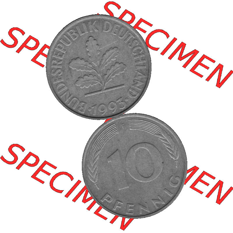 BRD Münzen 10 Pf. Umlaufmünze in PNG 1950-2001, 10 Pfennig 1993 F-01 Graustufen. Graues-Bild aus farbigen Bild erstellt mit Vorderseite und Rückseite auf einen Bild /... Sammlung