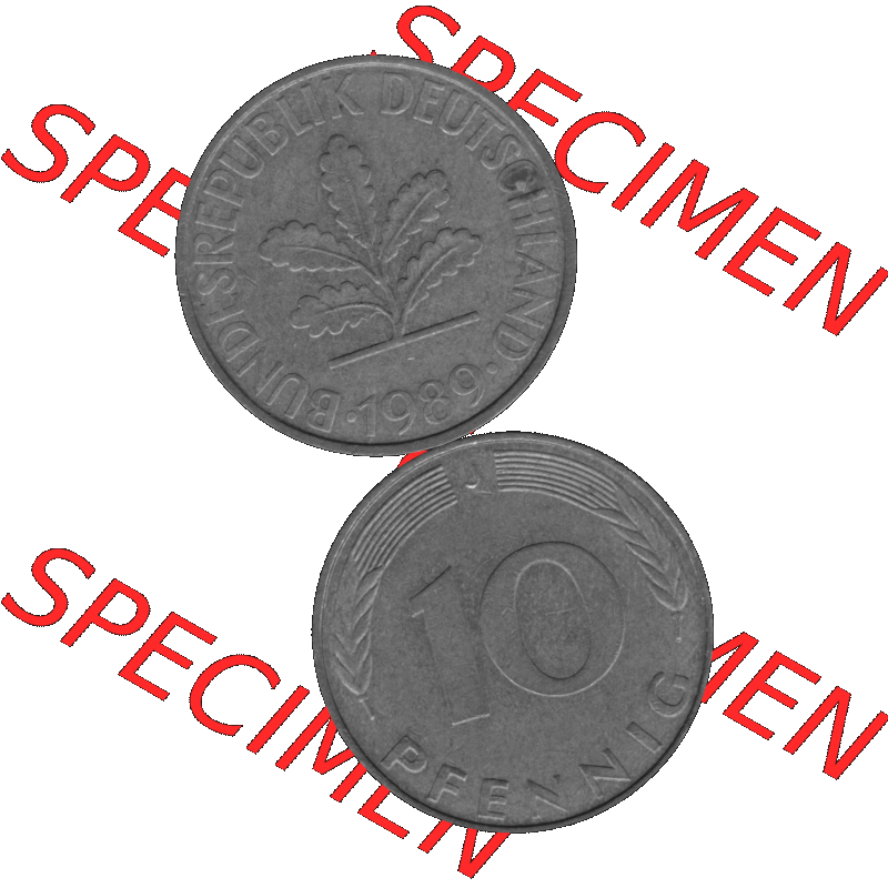 BRD Münzen 10 Pf. Umlaufmünze in PNG 1950-2001, 10 Pfennig 1989 J-12 Graustufen. PNG-Bild in transparenten Graustufen aus zwei farbigen Bildern vom Scanner mit Vorderseite... Sammlung