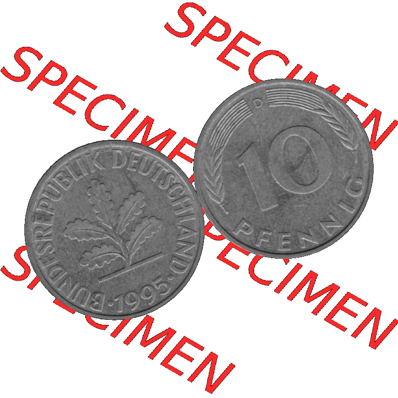 BRD Münzen 10 Pf. Umlaufmünze in PNG 1950-2001, 10 Pfennig 1995 D-01 Graustufen. Graustufen-Bilder der Vorderseite und Rückseite mit Wert-Zahl auf einen Bild / Foto... Sammlung