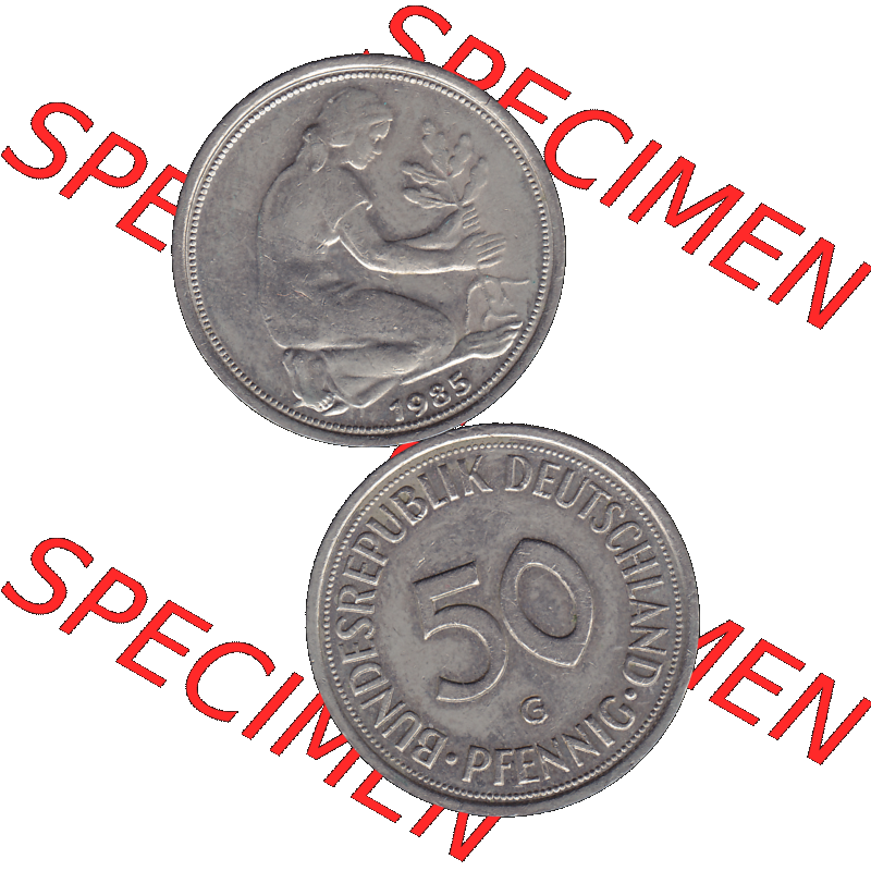 BRD Münzen 50 Pf. Umlaufmünze in PNG 1950-2001, 50 Pfennig BRD Deutschland 1985 Münzstätte in Karlsruhe Mzz. G-01. 50 Pfennig Münze BRD der 1980-er Jahre.... Sammlung