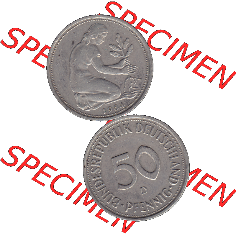 BRD Münzen 50 Pf. Umlaufmünze in PNG 1950-2001, 50 Pfennig BRD Deutschland 1984 D-01. 50 Pfennig Münze der 1980-er Jahre, Vorderseite und Rückseite auf einen... Sammlung