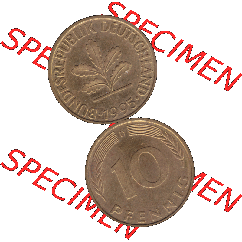 BRD Münzen 10 Pf. Umlaufmünze in PNG 1950-2001, 10 Pfennig 1995 D-03. Vorderseite und Rückseite auf einen Bild / Foto vertikal untereinander zusammengefügt,... Sammlung