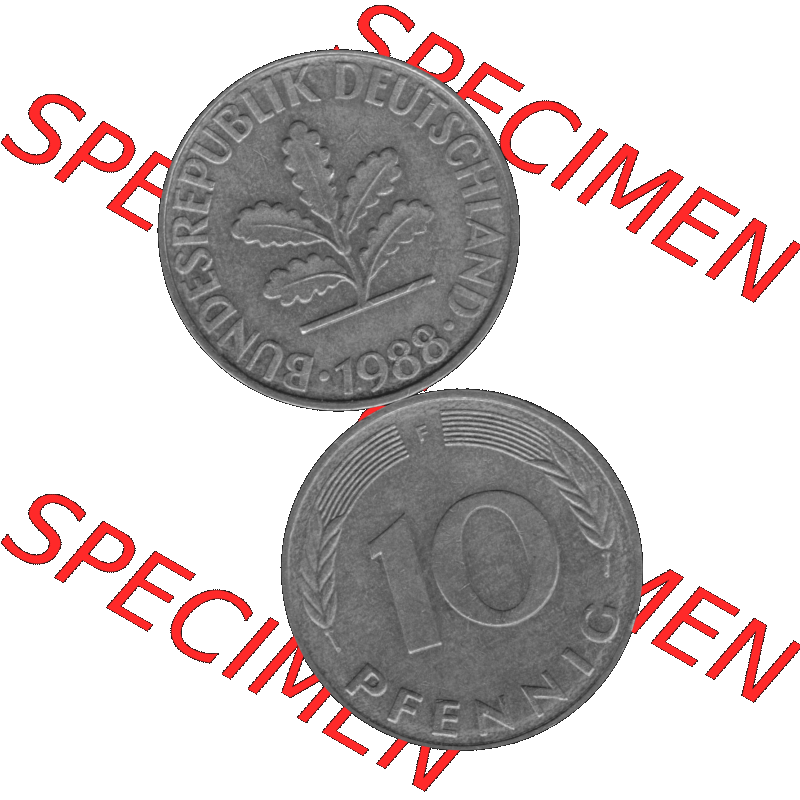 BRD Münzen 10 Pf. Umlaufmünze in PNG 1950-2001, 10 Pfennig 1988 F-01 Graustufen. Graues-Bild aus farbigen Bild erstellt mit Vorderseite und Rückseite auf einen Bild /... Sammlung