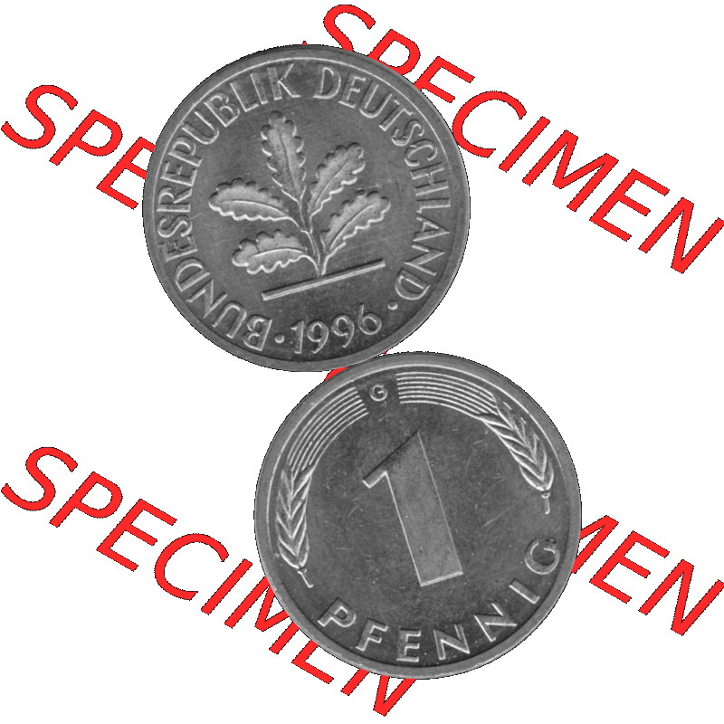 BRD Münzen 1 Pfennig BRD-Deutschland Umlaufmünze in Graustufen PNG 1950-2001, 1 Pfennig 1996, 1990er Jahre Münzstätte Karlsruhe G-01. Graustufen-Bild erstellt aus... Sammlung