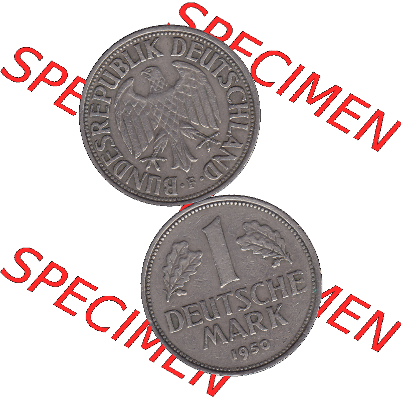 BRD Münzen 1 DM, Umlaufmünze 1950-2001, 1 / Eine DM - Eine Deutsche Mark, 1950 F-1. Münzen-Rückseite und Münzen-Vorderseite vertikal untereinander... Sammlung