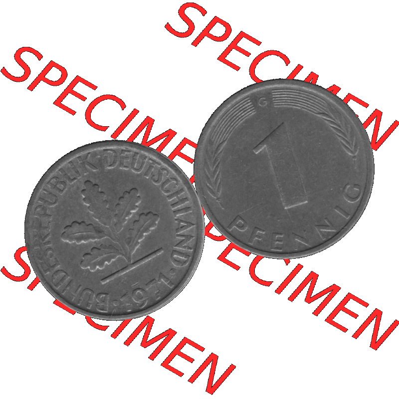 BRD Münzen 1 Pfennig BRD-Deutschland Umlaufmünze in Graustufen PNG 1950-2001, 1 Pfennig 1971, 1970er Jahre Münzstätte Karlsruhe G-01. Graustufen-Bilder der Vorderseite... Sammlung
