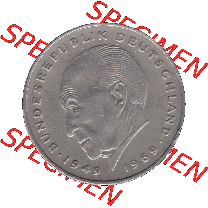 BRD Münzen 2 DM, Gedenkmünze in PNG 1969-1987, 2 DM, Deutsche Mark Konrad Adenauer 1975 Münzzeichen Mzz Stuttgart F-1. Rückseite mit Wert-Zahl von 2 Deutsche... Sammlung