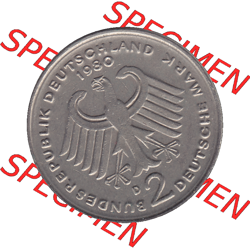 BRD Münzen 2 DM, Gedenkmünze 1979-1993, Münzenbild in transparenten PNG 2 DM, Deutsche Mark Kurt Schumacher aus Deutschland der BRD 1980 Münzzeichen Mzz. München... Sammlung
