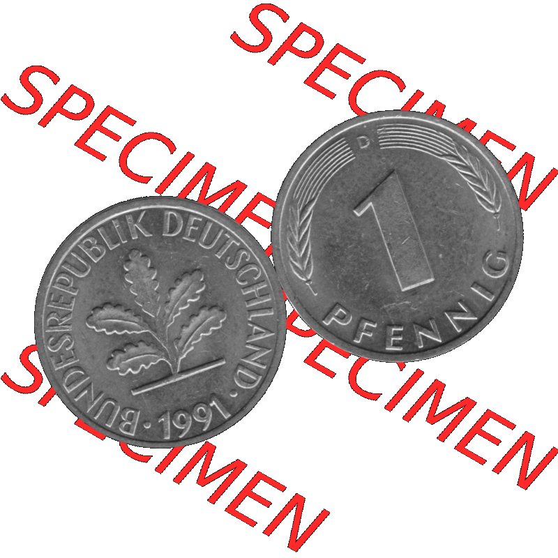 BRD Münzen 1 Pfennig Umlaufmünze in Graustufen PNG 1950-2001, 1 Pfennig 1991 München D-01. Graustufen-Bilder der Vorderseite und Rückseite mit Wert-Zahl auf einen Bild... Sammlung