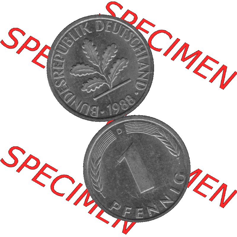 BRD Münzen 1 Pfennig Umlaufmünze in Graustufen PNG 1950-2001, 1 Pfennig 1988 München D-01. Graustufen-Bild erstellt aus Farbigen Bild mit Vorderseite und Rückseite auf... Sammlung