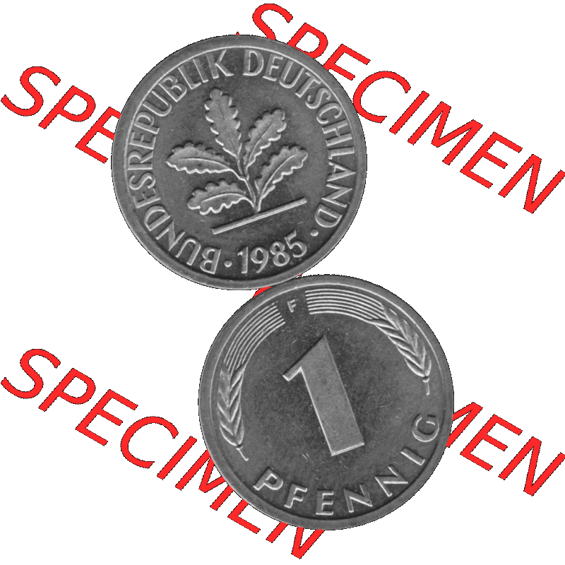 BRD Münzen 1 Pfennig Umlaufmünze in Graustufen PNG 1950-2001, 1 Pfennig 1985, 1980er Jahre Mzz. F-01. Graues-Bild 1 Pfennig F aus farbigen Bild erstellt mit Vorderseite... Sammlung