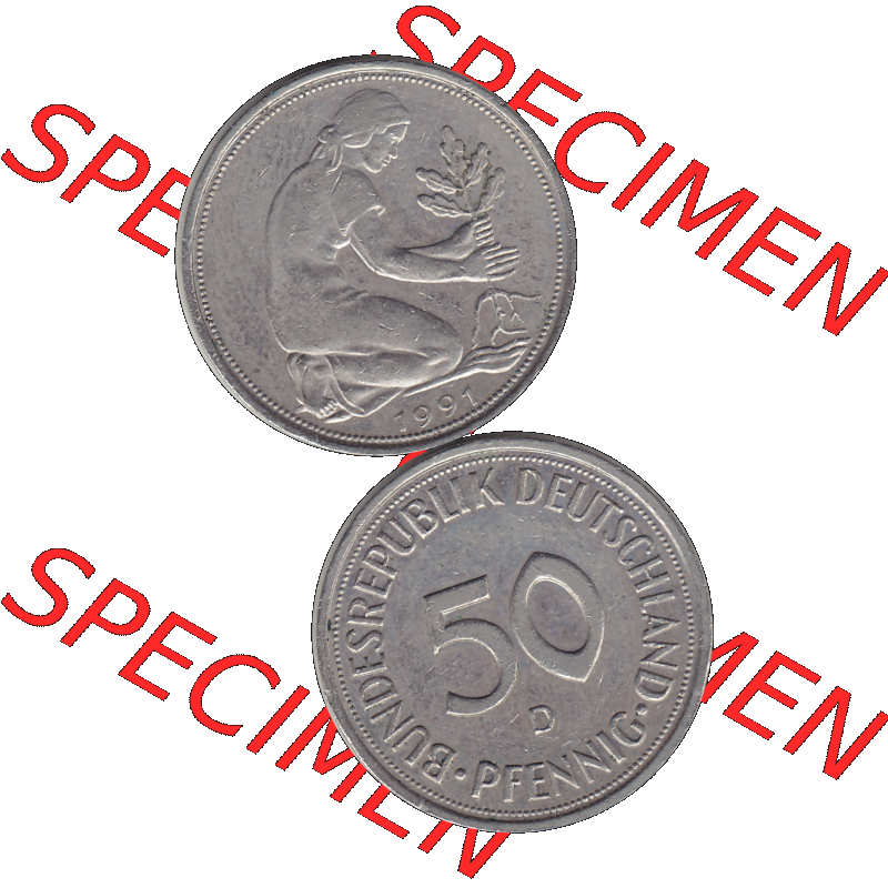 BRD Münzen 50 Pf. Umlaufmünze in PNG 1950-2001, 50 Pfennig BRD Deutschland 1991 München D-1. Transparente Vorderseite und Rückseite der Münze vertikal untereinander... Sammlung