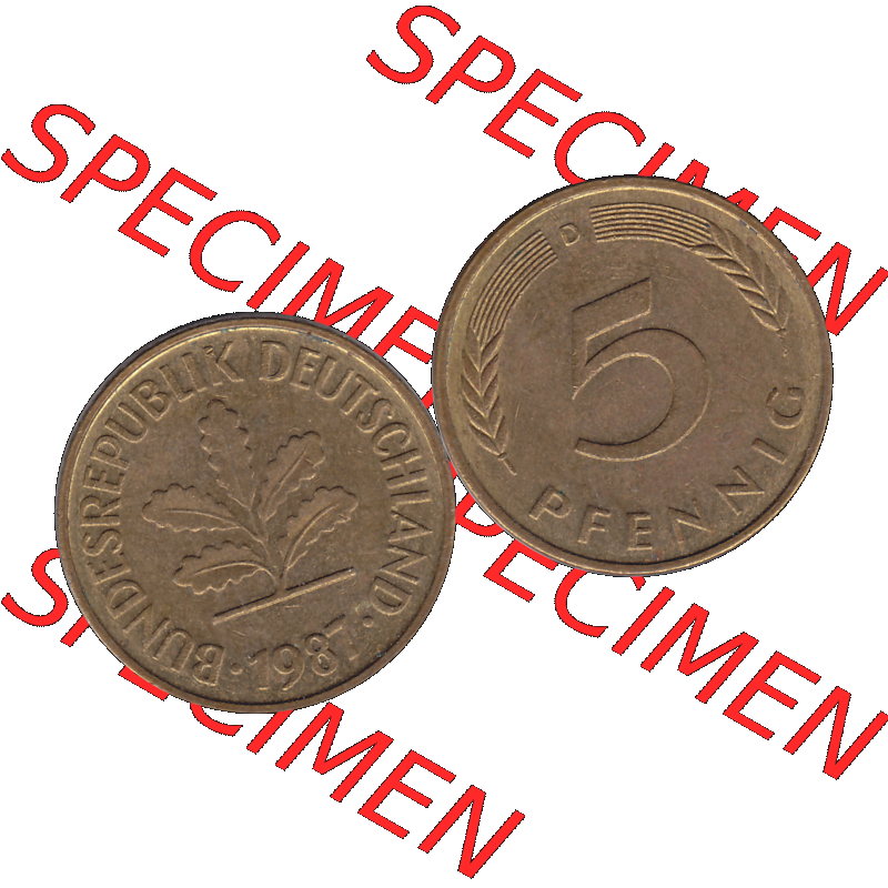 BRD Münzen 5 Pf., Umlaufmünze 1950-2001, 5 Pfennig Deutschland der BRD, 1987 Münzstätte München Mzz. D-01. Vorderseite und Rückseite... Sammlung