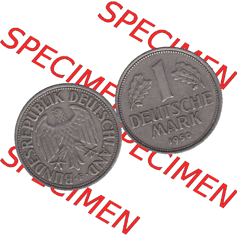 BRD Münzen 1 DM, Umlaufmünze 1950-2001, 1 / Eine DM - Eine Deutsche Mark, 1950 F-1. Münzen-Rückseite und Münzen-Vorderseite als transparente PNG-Grafik... Sammlung