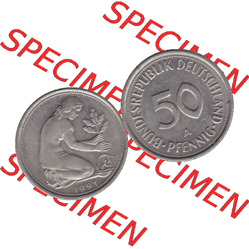 BRD Münzen 50 Pf. Umlaufmünze in PNG 1990-2001, 50 Pfennig BRD Deutschland 1991 Mzz. Berlin A-1. Transparente Vorderseite und Rückseite als PNG-Grafik mit Wert-Zahl... Sammlung