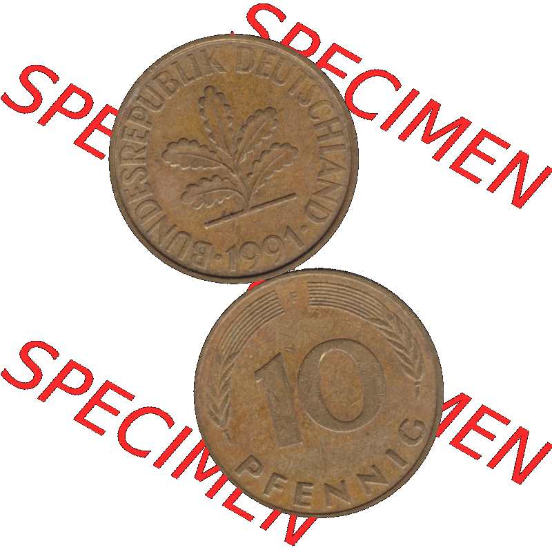 BRD Münzen 10 Pf. Umlaufmünze in PNG 1950-2001, 10 Pfennig 1991 F-05. Vorderseite und Rückseite auf einen Bild / Foto vertikal untereinander zusammengefügt,... Sammlung