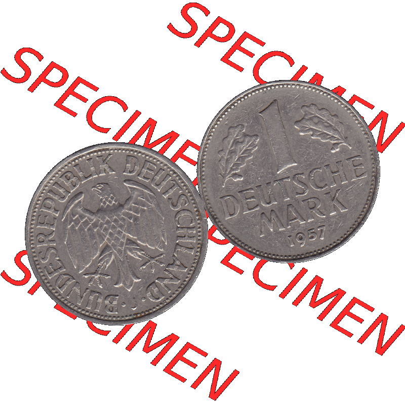 BRD Münzen 1 DM, Umlaufmünze 1950-2001, BRD Deutschland 1 / Eine DM - 1 Eine Deutsche Mark, 1957 Münzzeichen Hamburg Mzz J-1. Münzen-Rückseite und... Sammlung
