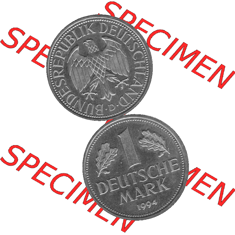 BRD Deutschland Münzen 1 / Eine DM / Eine Deutsche Mark in Graustufen PNG 1950-2001, 1 DM Deutsche Mark, 1994 Münzzeichen für München Mzz. D-01 Graustufen.... Sammlung