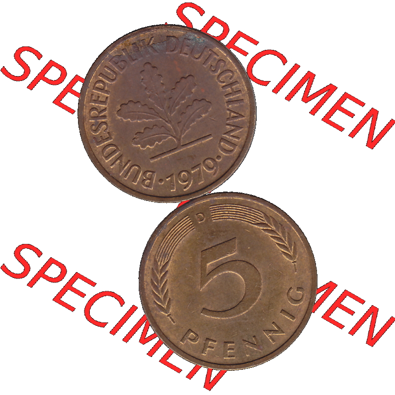 BRD Münzen 5 Pf., Umlaufmünze 1950-2001, 5 Pfennig Deutschland der BRD, 1979 Münzstätte München Mzz. D-01. Vorderseite und Rückseite... Sammlung