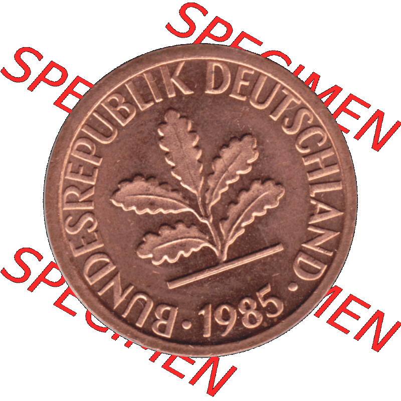 BRD Münzen 1 Pfennig Umlaufmünze in PNG 1950-2001, 1 Pfennig 1985, 1980er Jahre Stuttgart F-01. Vorderseite der digitalisierte 1 Pfennig F, mit Mzz. F für... Sammlung