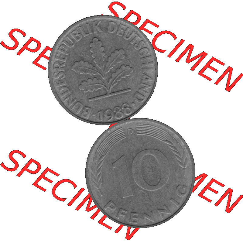 BRD Münzen 10 Pf. Umlaufmünze in PNG 1950-2001, 10 Pfennig 1988 D-13 Graustufen. Graustufen-Bild erstellt aus Farbigen Bild mit Vorderseite und Rückseite auf einen Bild... Sammlung