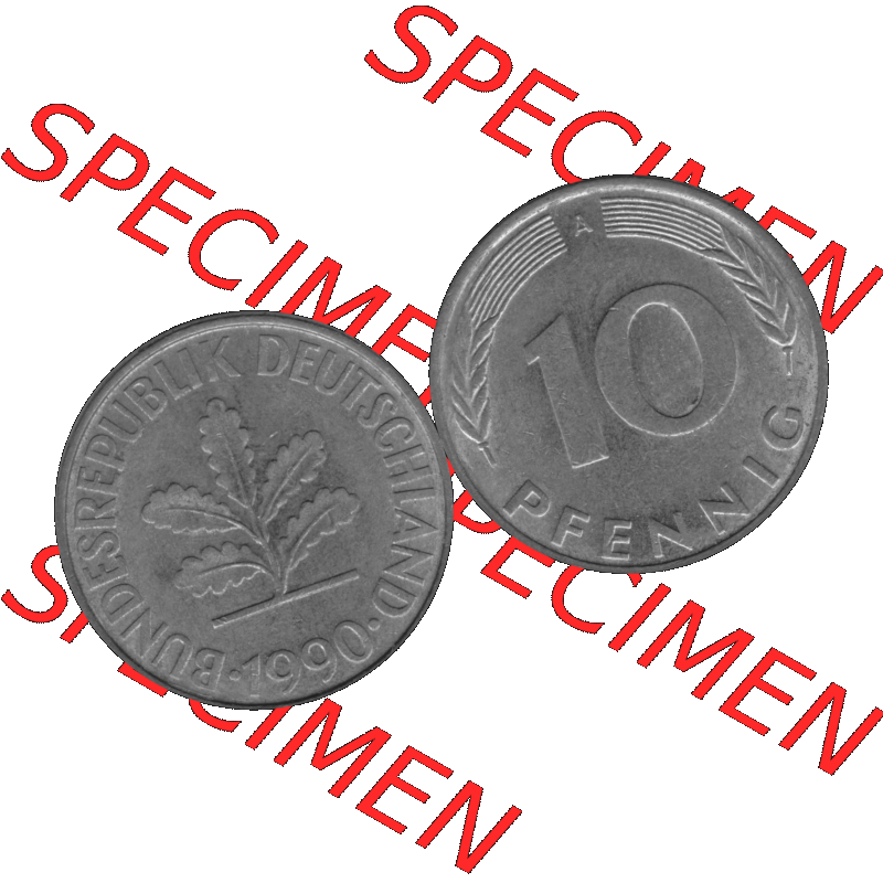 BRD Münzen 10 Pf. Umlaufmünze in PNG 1990-2001, 10 Pfennig 1990 A-01 Graustufen. Graustufen-Bilder der Vorderseite und Rückseite mit Wert-Zahl auf einen Bild / Foto... Sammlung
