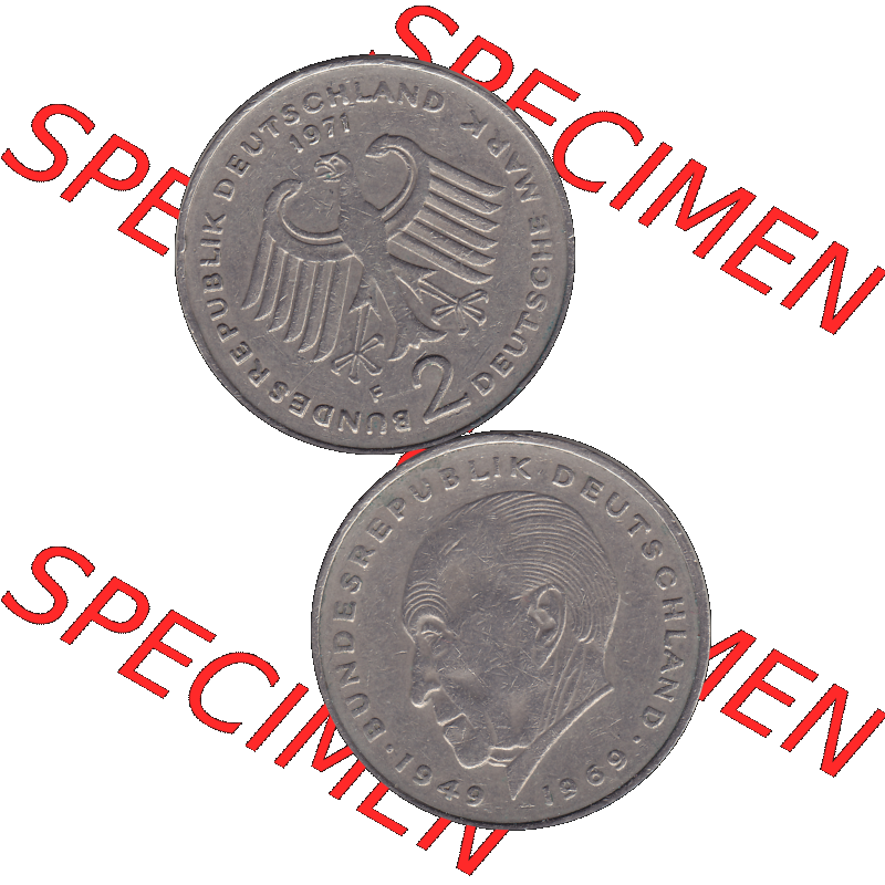 BRD Münzen 2 DM, Gedenkmünze in PNG 1969-1987, 2 DM, Deutsche Mark Konrad Adenauer 1971 Münzzeichen Mzz Stuttgart F-1. Vorderseite und Rückseite mit Deutschen... Sammlung