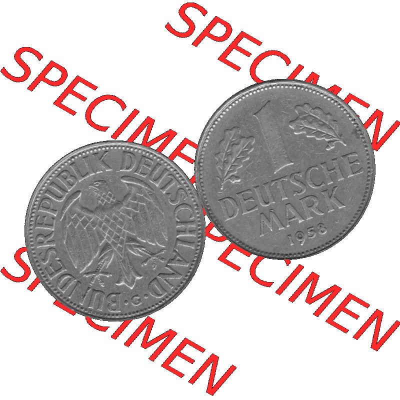 BRD Deutschland Münzen 1 / Eine DM / Eine Deutsche Mark in Graustufen PNG 1950-2001, 1 DM Deutsche Mark, 1958 Münzzeichen Karlsruhe Mzz. - G-01 Graustufen. PNG... Sammlung