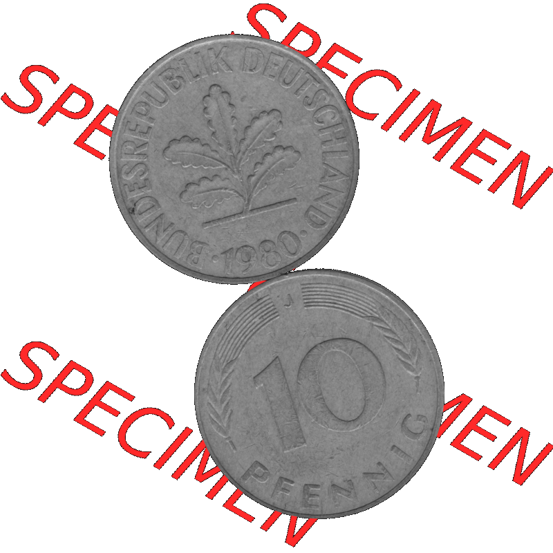 BRD Münzen 10 Pf. Umlaufmünze in PNG 1950-2001, 10 Pfennig 1980 J-01 Graustufen. PNG-Bild in transparenten Graustufen aus zwei farbigen Bildern vom Scanner mit Vorderseite... Sammlung