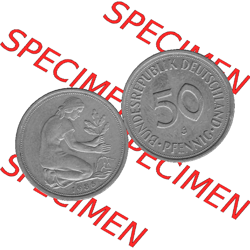 BRD Münzen Deutschland J 50 Pf. Umlaufmünze in Graustufen PNG 1950-2001, 50 Pfennig 1986 Münzzeichen "J" für Hamburg "J"-01 Graustufen. PNG Computer-Grafik... Sammlung