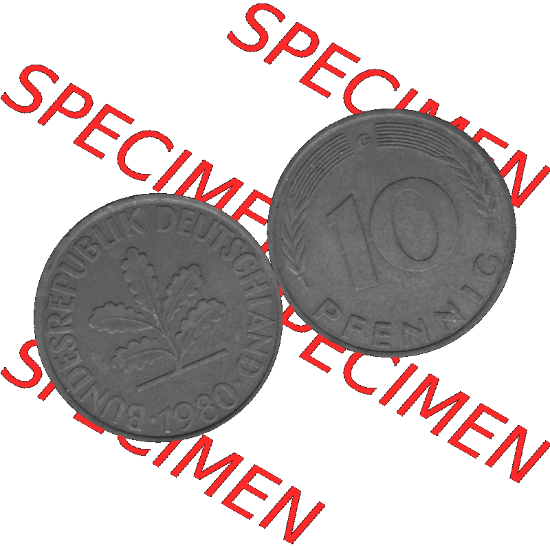 BRD Münzen 10 Pf. Umlaufmünze in PNG 1950-2001, 10 Pfennig 1980 G-01 Graustufen. Graustufen-Bild vom Scanner aus farbigen Bild mit Vorderseite und Rückseite mit Wert-Zahl... Sammlung