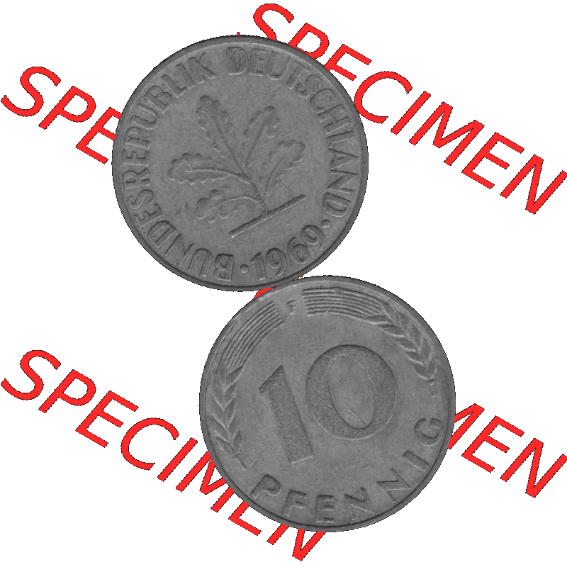BRD Münzen 10 Pf. Umlaufmünze in PNG 1950-2001, 10 Pfennig 1969 F-01 Graustufen. Graues-Bild aus farbigen Bild erstellt mit Vorderseite und Rückseite auf einen Bild /... Sammlung