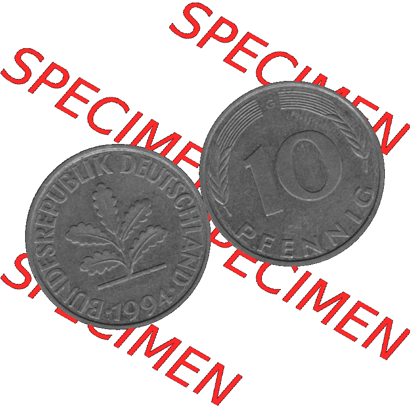 BRD Münzen 10 Pf. Umlaufmünze in PNG 1950-2001, 10 Pfennig 1994 G-12 Graustufen. Graustufen-Bild vom Scanner aus farbigen Bild mit Vorderseite und Rückseite mit Wert-Zahl... Sammlung