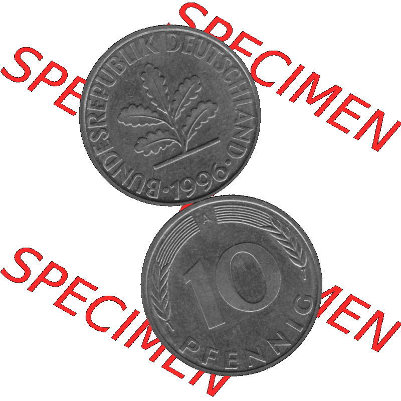 BRD Münzen 10 Pf. Umlaufmünze in PNG 1990-2001, 10 Pfennig 1996 A-01 Graustufen. Graustufen-Bilder mit Vorderseite und Rückseite auf einen Bild / Foto vertikal untereinander... Sammlung