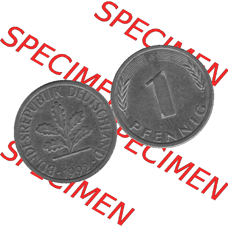 BRD Münzen 1 Pfennig BRD-Deutschland Umlaufmünze in Graustufen PNG 1950-2001, 1 Pfennig 1992, 1990er Jahre Münzstätte Karlsruhe G-01. Graustufen-Bilder der Vorderseite... Sammlung