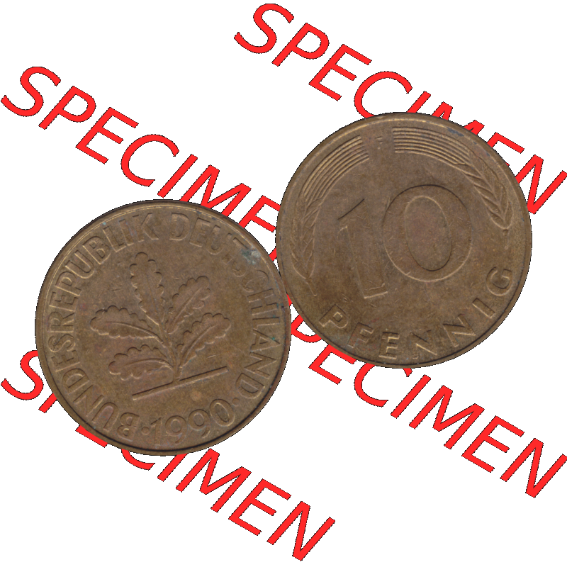 BRD Münzen 10 Pf. Umlaufmünze in PNG 1950-2001, 10 Pfennig 1990 F-01. Vorderseite und Rückseite mit Wert-Zahl auf einen Bild / Foto der digitalisierten 10 Pfennig... Sammlung