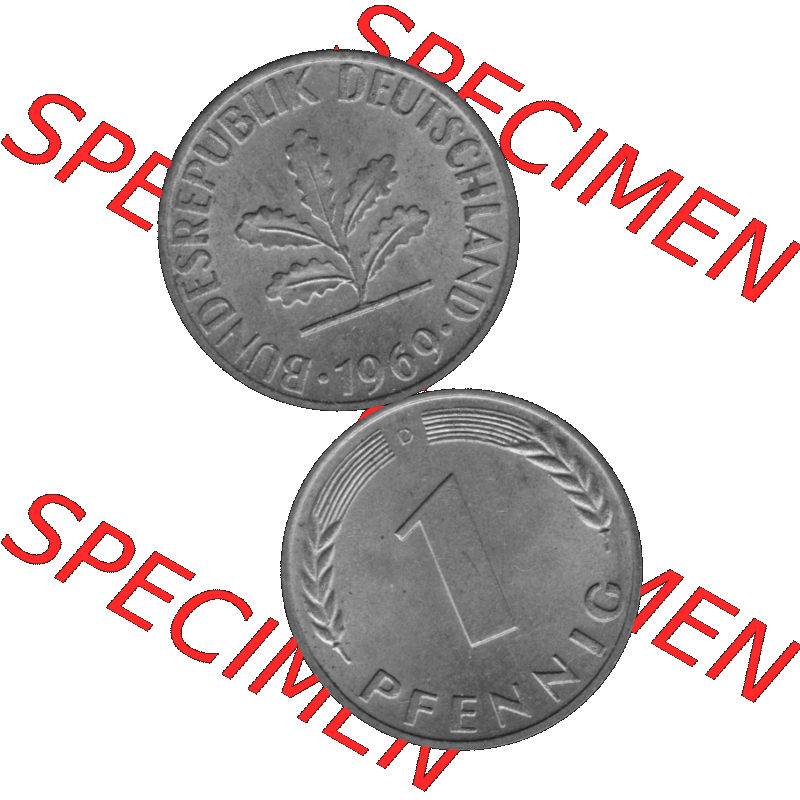 BRD Münzen 1 Pfennig Umlaufmünze in Graustufen PNG 1950-2001, 1 Pfennig 1969 München D-01. Graustufen-Bild erstellt aus Farbigen Bild mit Vorderseite und Rückseite auf... Sammlung