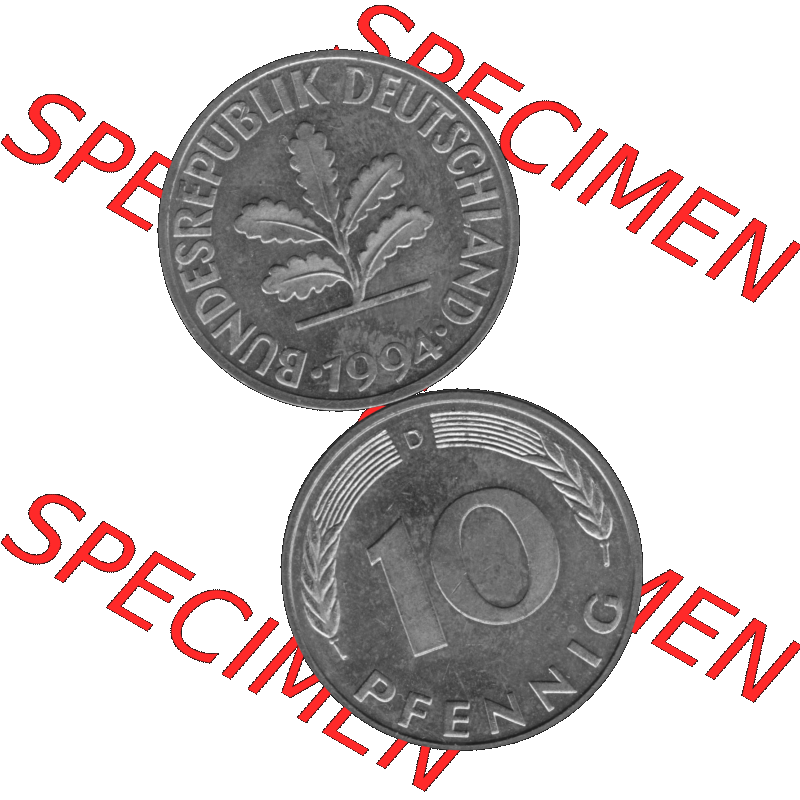 BRD Münzen 10 Pf. Umlaufmünze in PNG 1950-2001, 10 Pfennig 1994 D-02 Graustufen. Graustufen-Bild erstellt aus Farbigen Bild mit Vorderseite und Rückseite auf einen Bild... Sammlung