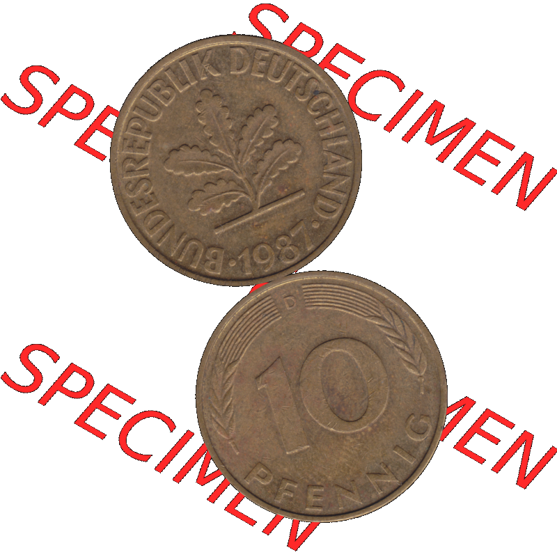 BRD Münzen 10 Pf. Umlaufmünze in PNG 1950-2001, 10 Pfennig 1987 D-01. Vorderseite und Rückseite auf einen Bild / Foto vertikal untereinander zusammengefügt,... Sammlung